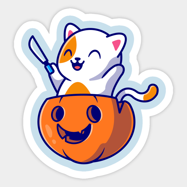 Cute Cat Holding Knife In Pumpkin Helloween Cartoon Sticker by Catalyst Labs